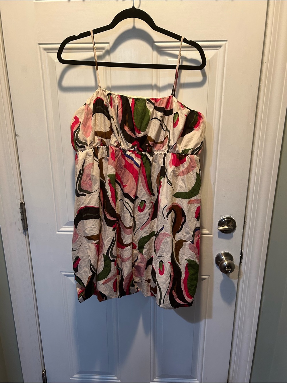 Sleeveless Abstract Print Sundress in Cream, Pink & Green with Bubble Hem